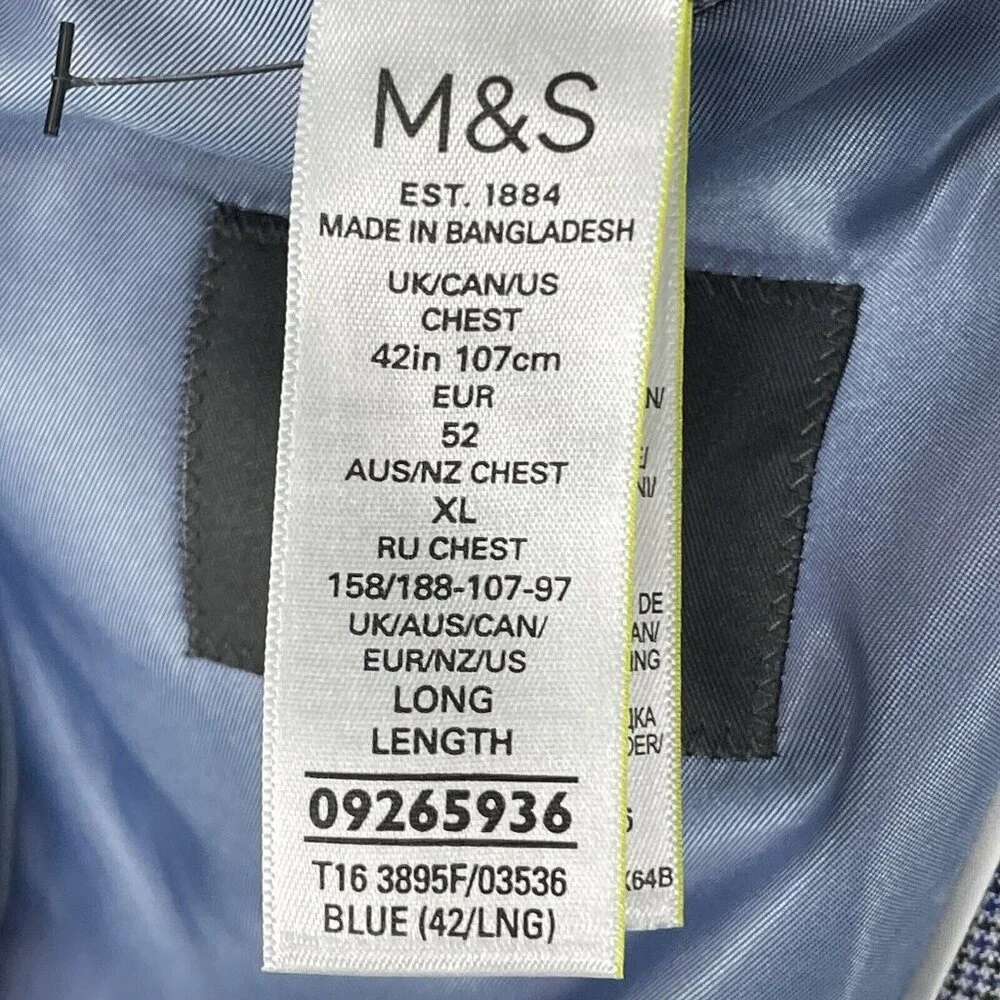Marks & Spencer Blue Houndstooth Easy Care 2 Button Vented Sports Blazer Size 44
